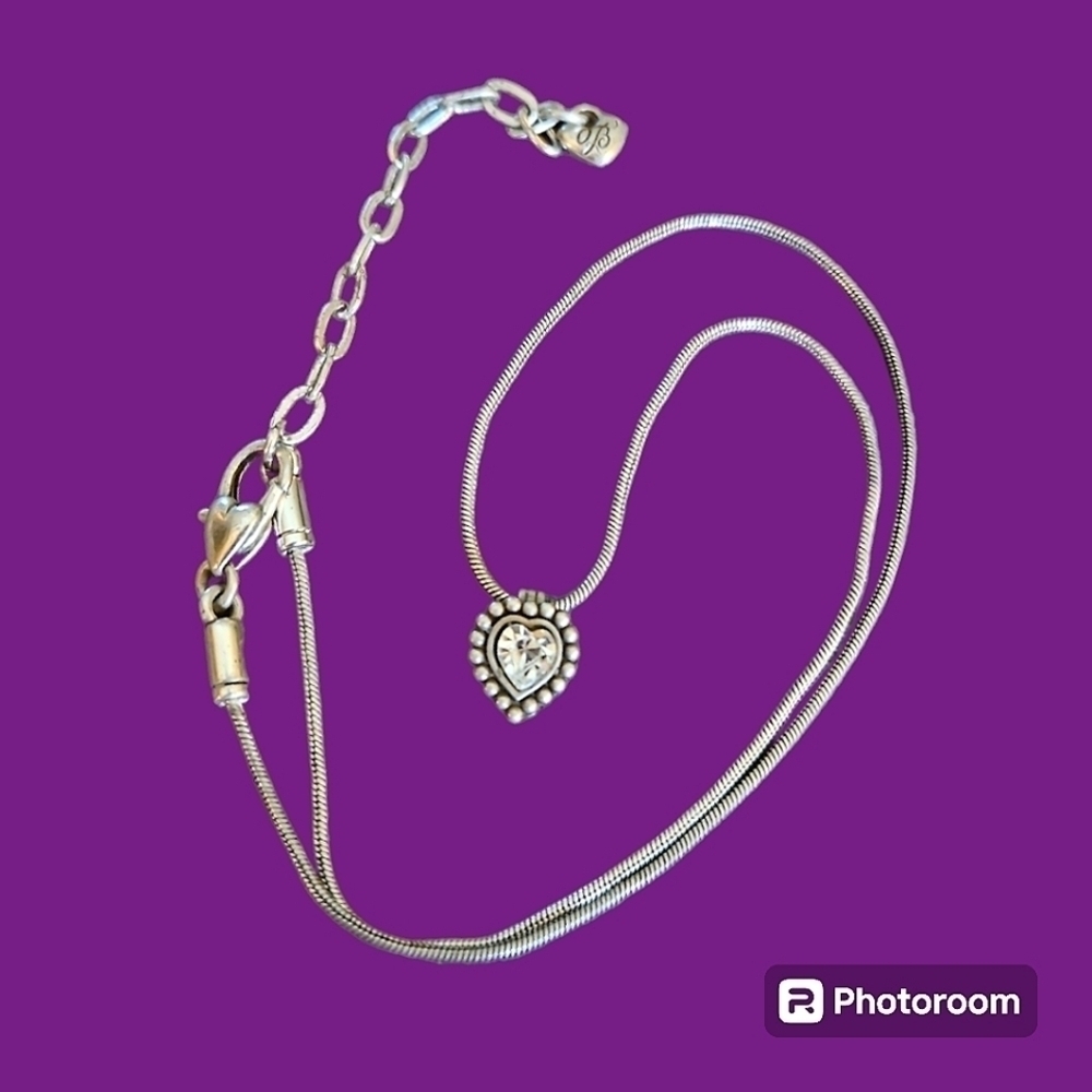 BRIGHTON Silver Plated Mini Crystal Heart Pendant Coquette Chain Necklace